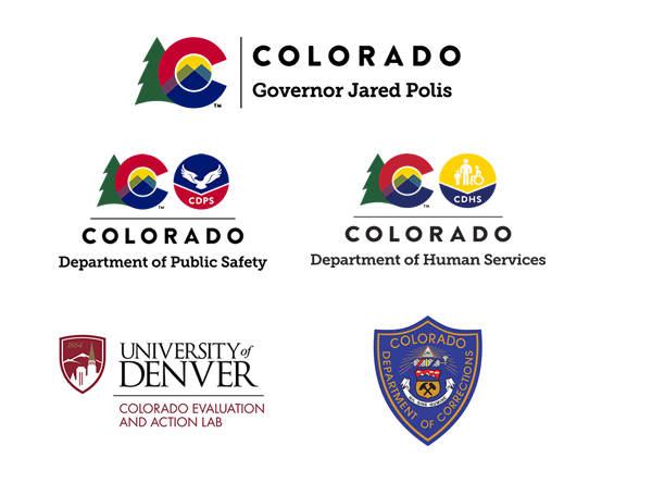 Image: Colorado Governor Jared Polis logo, Colorado Department of Public Safety logo, Colorado Department of Human Services logo, University of Denver logo