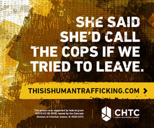 Yellow background with text: "She said she'd call the cops if we tried to leave. thisishumantrafficking.com