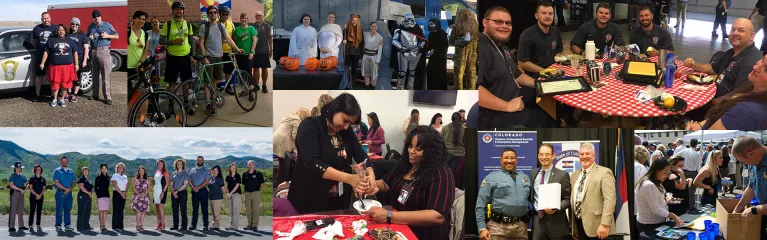 A montage of numerous images of CDPS employees at various events including an award ceremony, polar plunge, halloween, and bike to work day