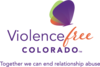 Purple green and orange butterfly logo with text Violence Free Colorado